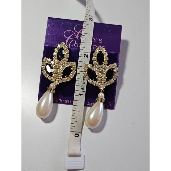 Cathy's Concepts Gold Tone Faux Pearl Black Rhinestone Dangling Earrings - Picture 5 of 9